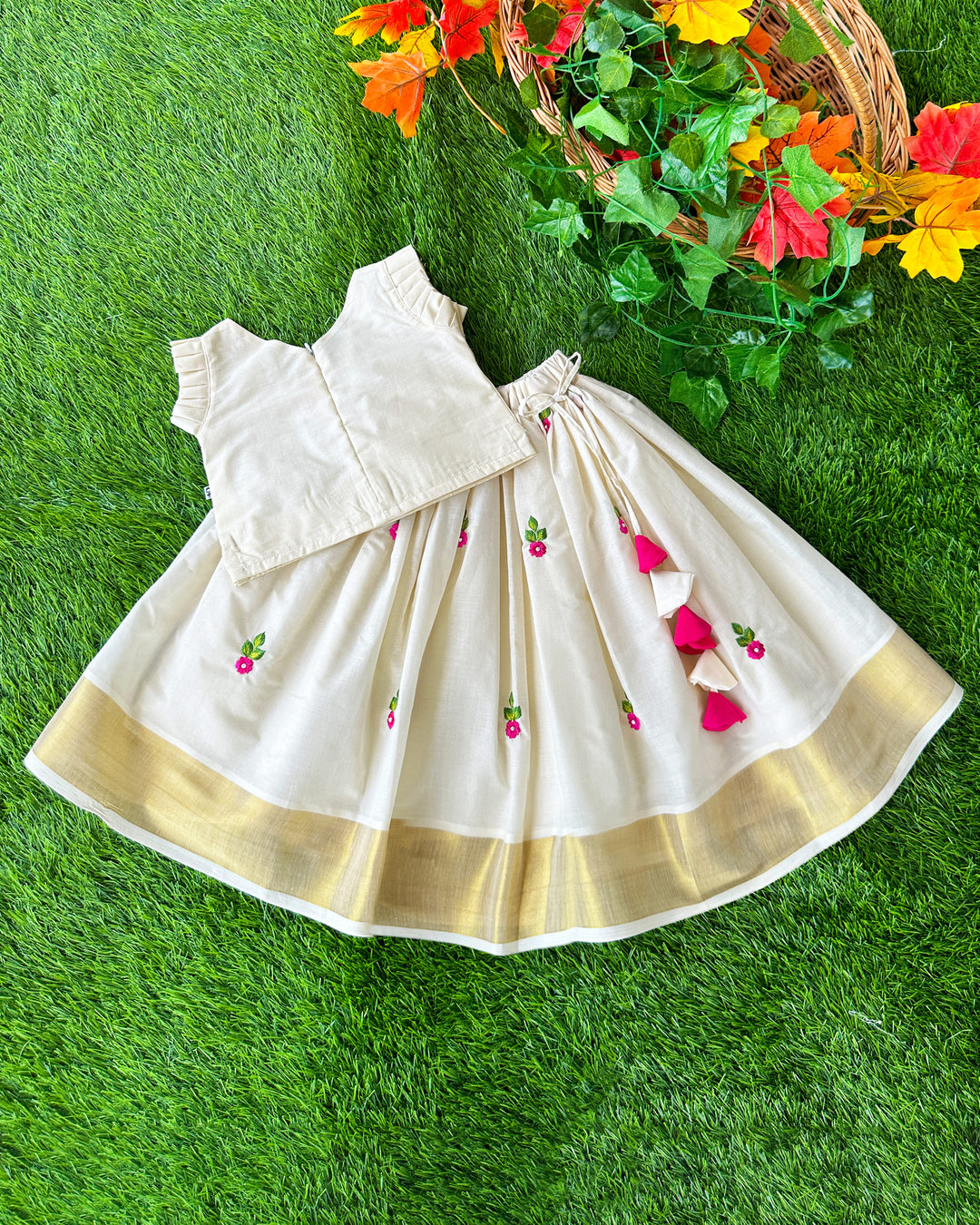 Baby girls birthday dress in cream and gold Kerala Kasavu lehenga choli