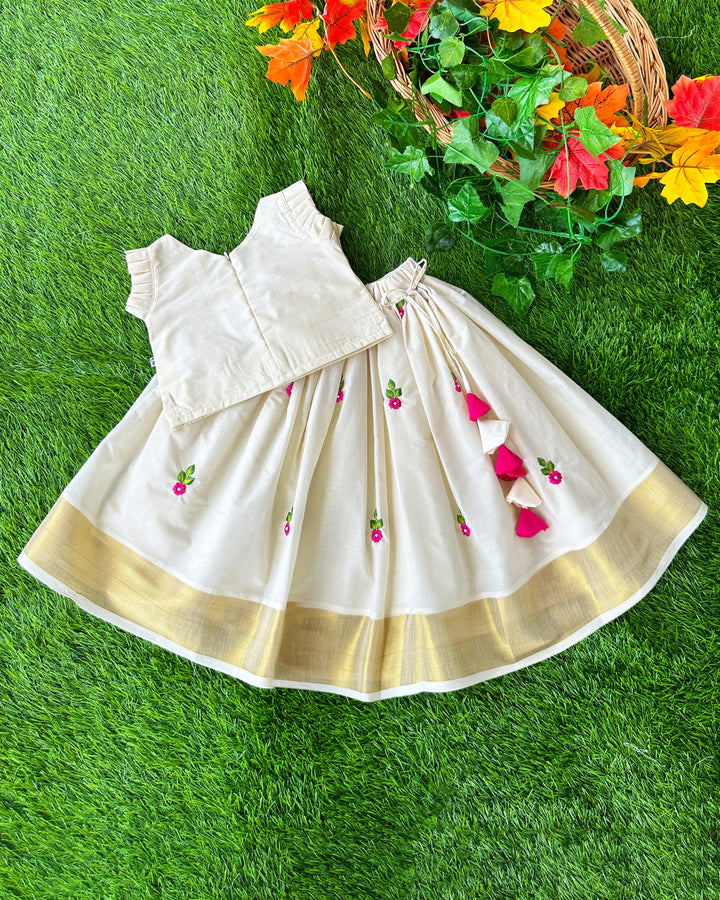 Baby girls birthday dress in cream and gold Kerala Kasavu lehenga choli