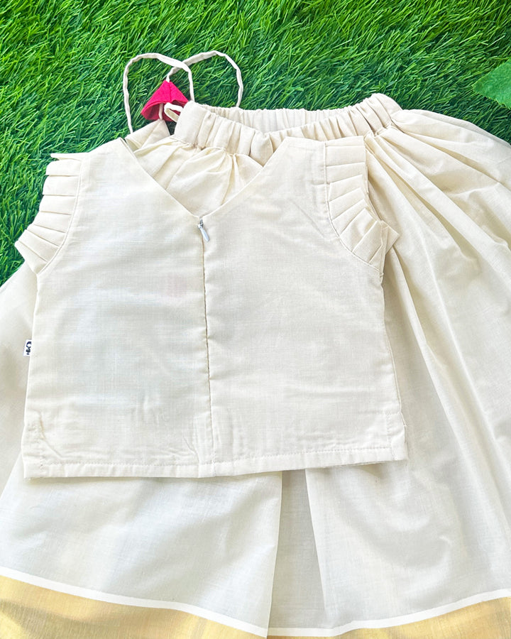Baby girls birthday dress in cream and gold Kerala Kasavu lehenga choli