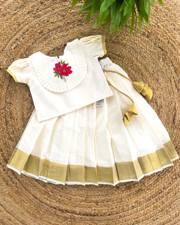 Onam special cream golden Kasavu flower lehenga choli – front view, Stanwells Kids