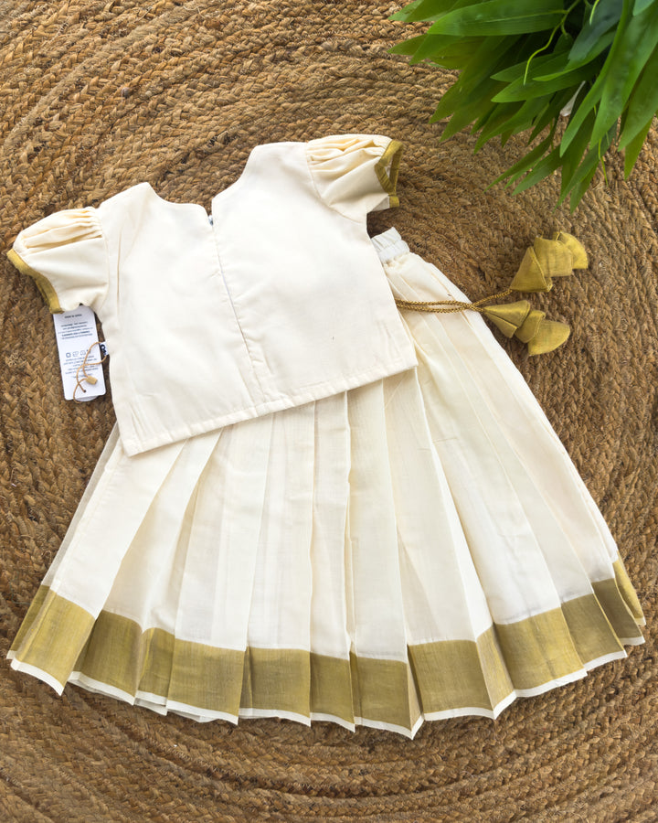 Traditional Onam cream golden Kasavu lehenga choli full look – Stanwells Kids