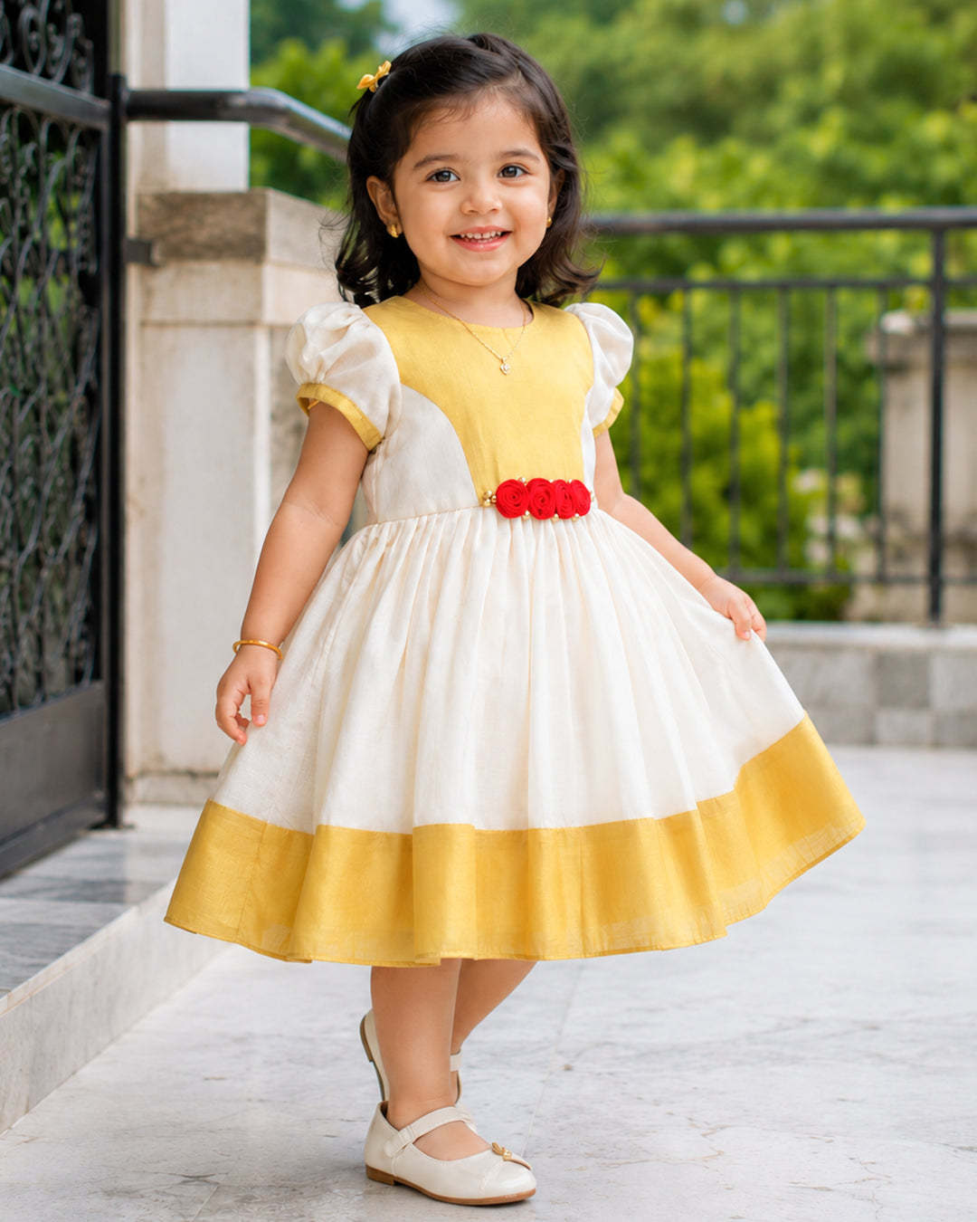 Cream and golden Kerala traditional Onam frock for baby girl – front view, Stanwells Kids