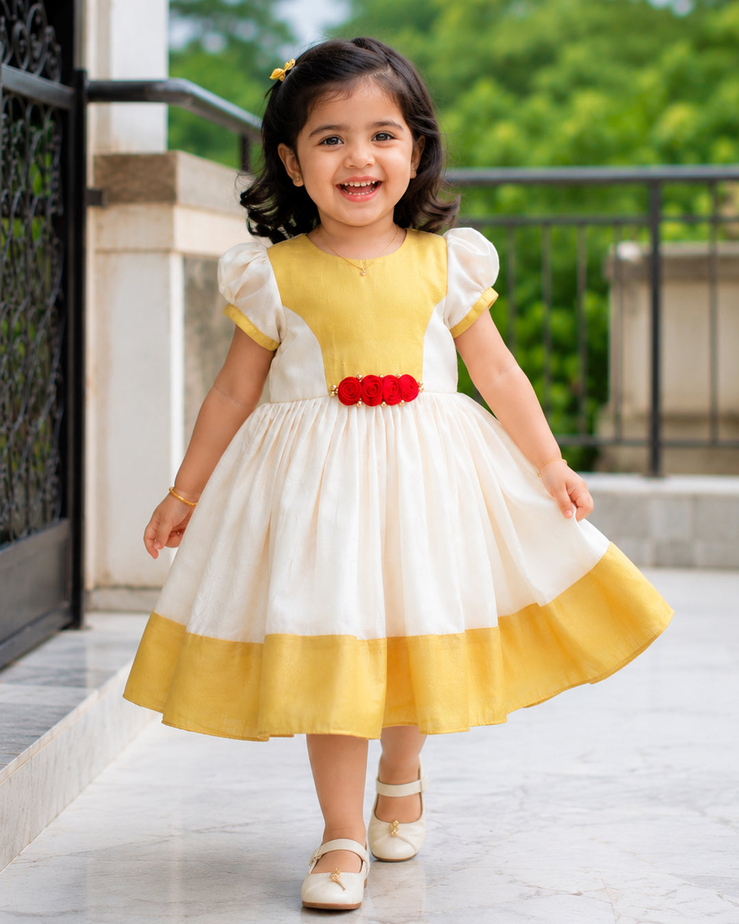 Golden Kasavu accents on cream Kerala handloom Onam frock for girls – Stanwells Kids
