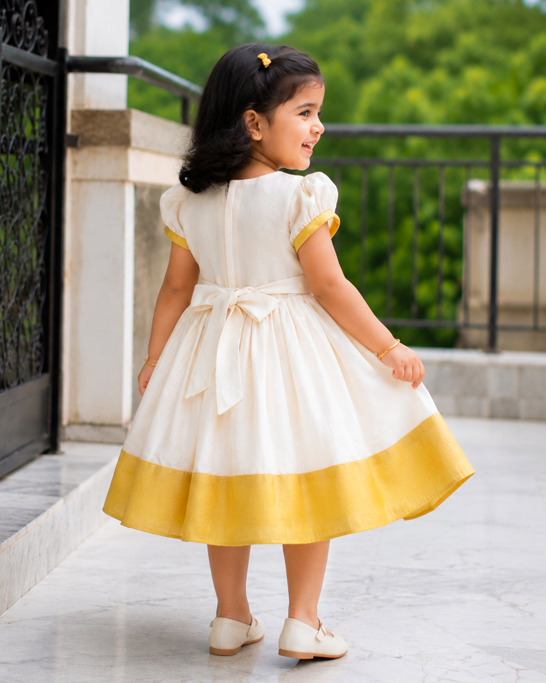 Cream golden Kerala traditional Onam frock full look for baby girl – Stanwells Kids