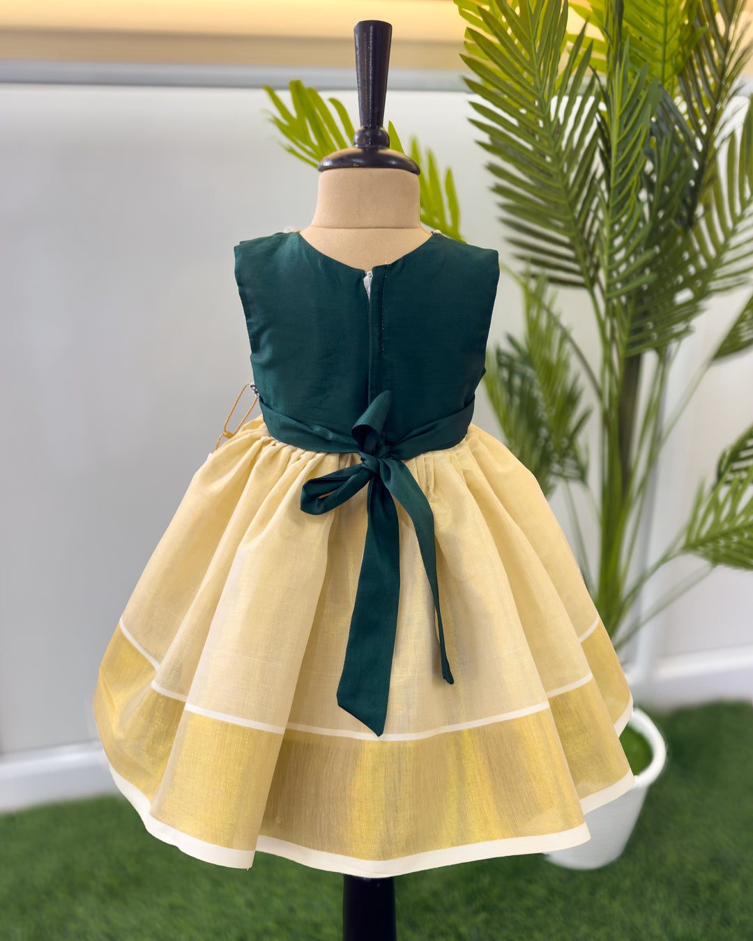 Cream green handwork Onam frock full look for baby girl – Stanwells Kids