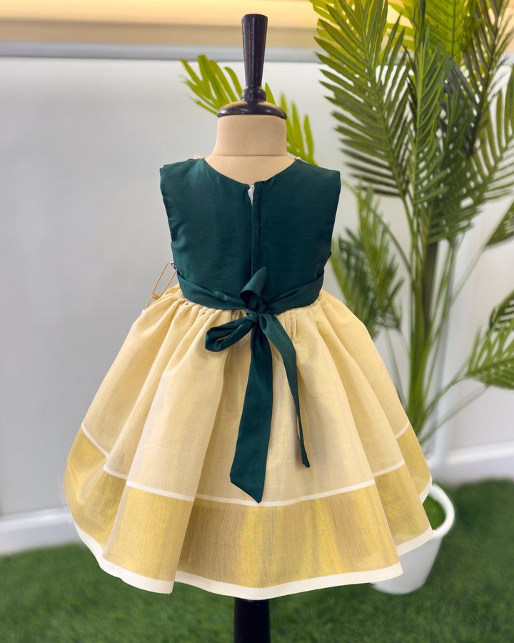 Cream green handwork Onam frock full look for baby girl – Stanwells Kids