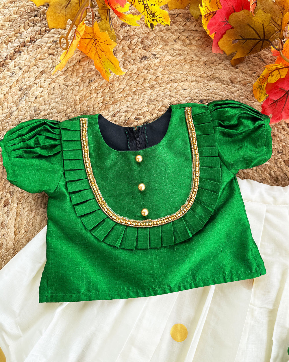 Green cream Kerala kasavu lehenga choli baby girl birthday dress Onam outfit traditional festive wear kids lehenga