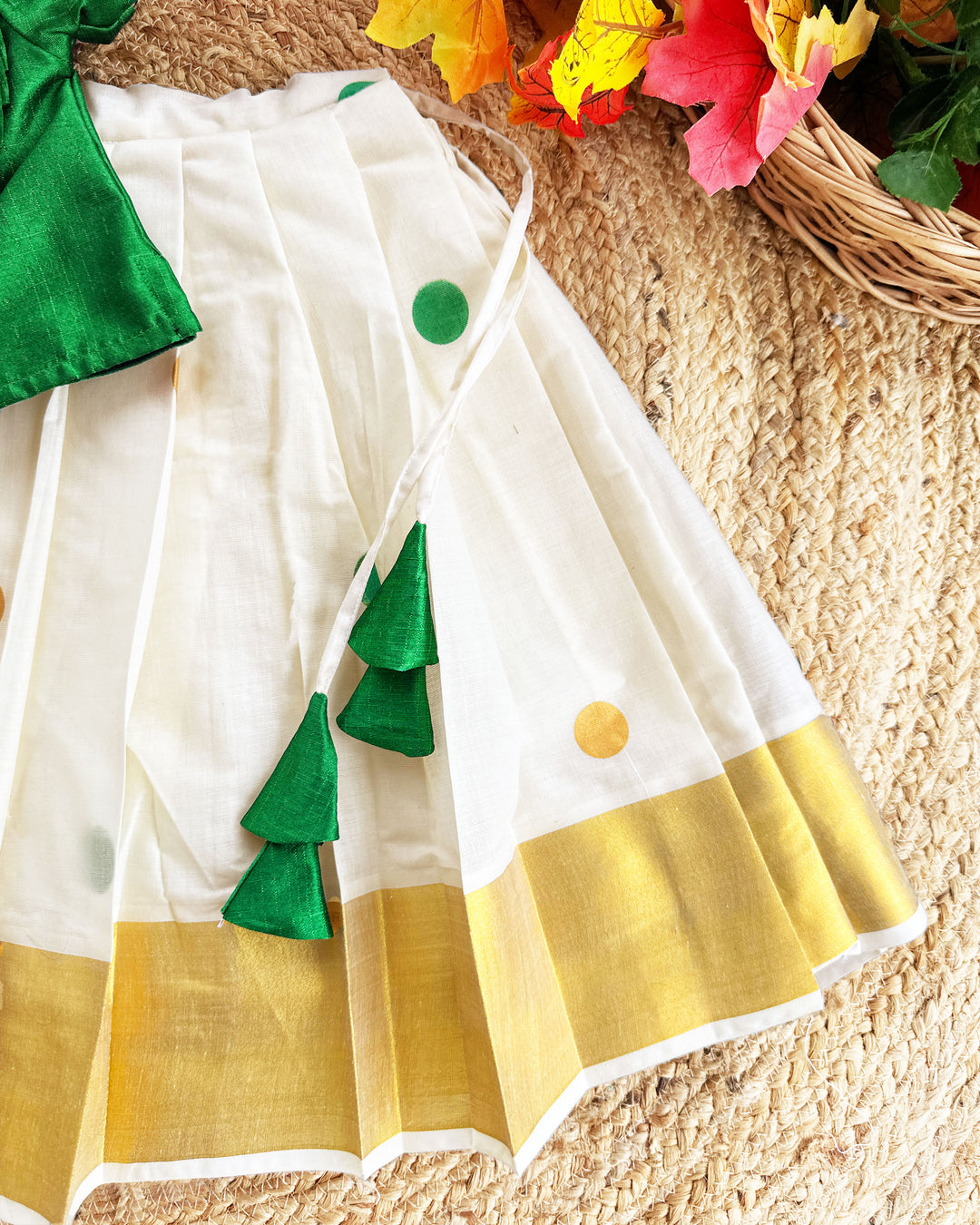 Green cream Kerala kasavu lehenga choli baby girl birthday dress Onam outfit traditional festive wear kids lehenga