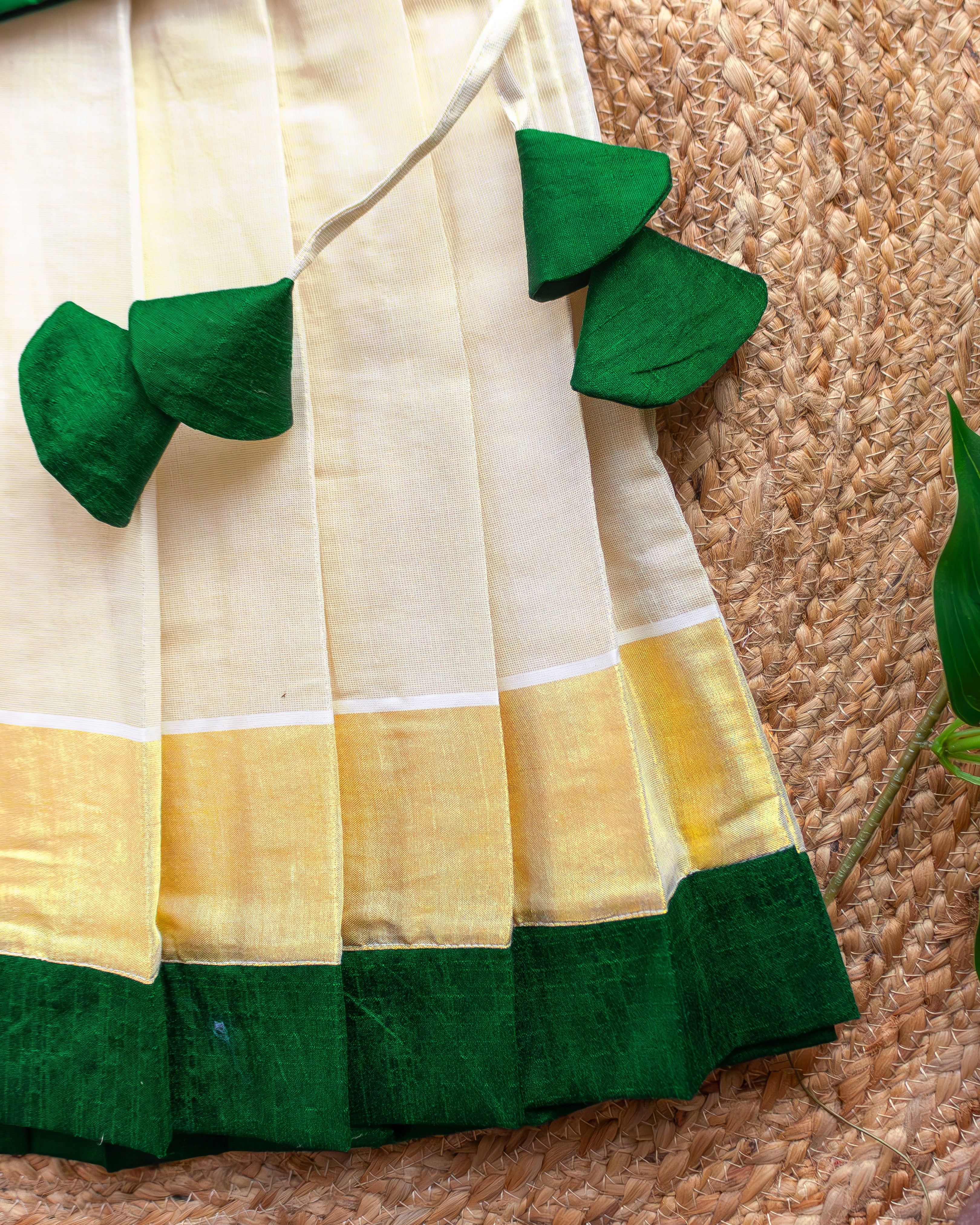 Green Cream Kerala Kasavu Lehenga Choli – Baby Girl Birthday Dress