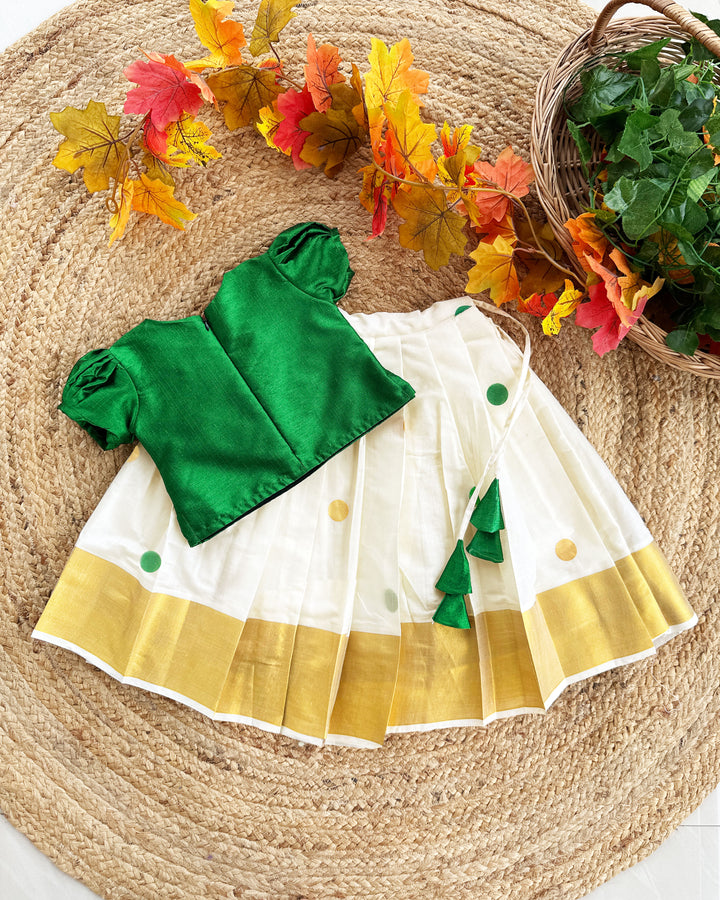 Green cream Kerala kasavu lehenga choli baby girl birthday dress Onam outfit traditional festive wear kids lehenga