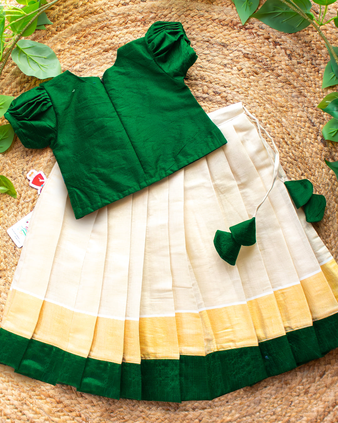 Green Cream Kerala Kasavu Lehenga Choli – Baby Girl Birthday Dress –  Stanwells Kids