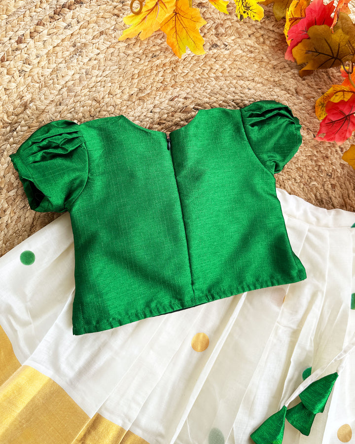 Green cream Kerala kasavu lehenga choli baby girl birthday dress Onam outfit traditional festive wear kids lehenga