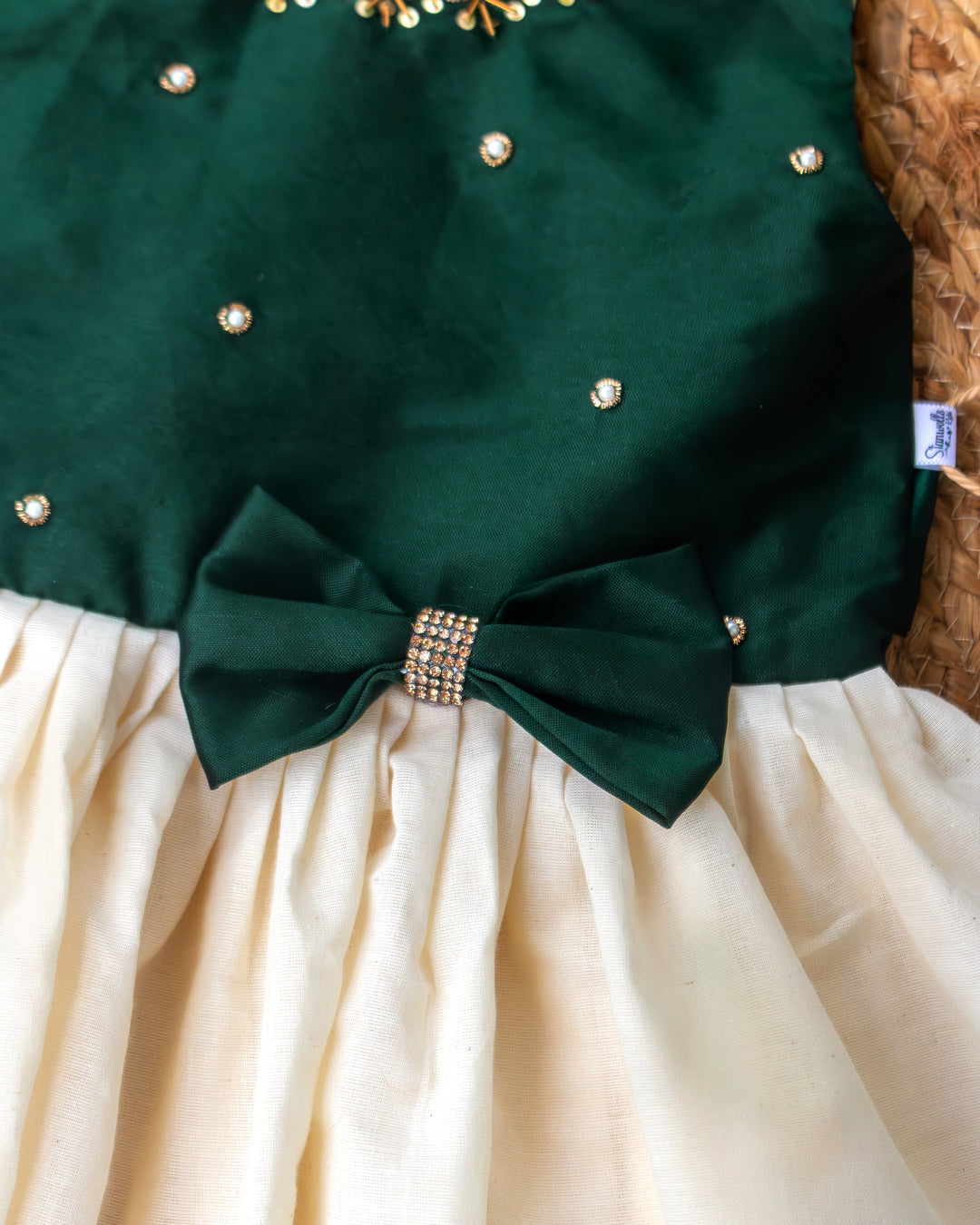 Classic Kerala traditional silhouette cream green Onam handloom frock – Stanwells Kids