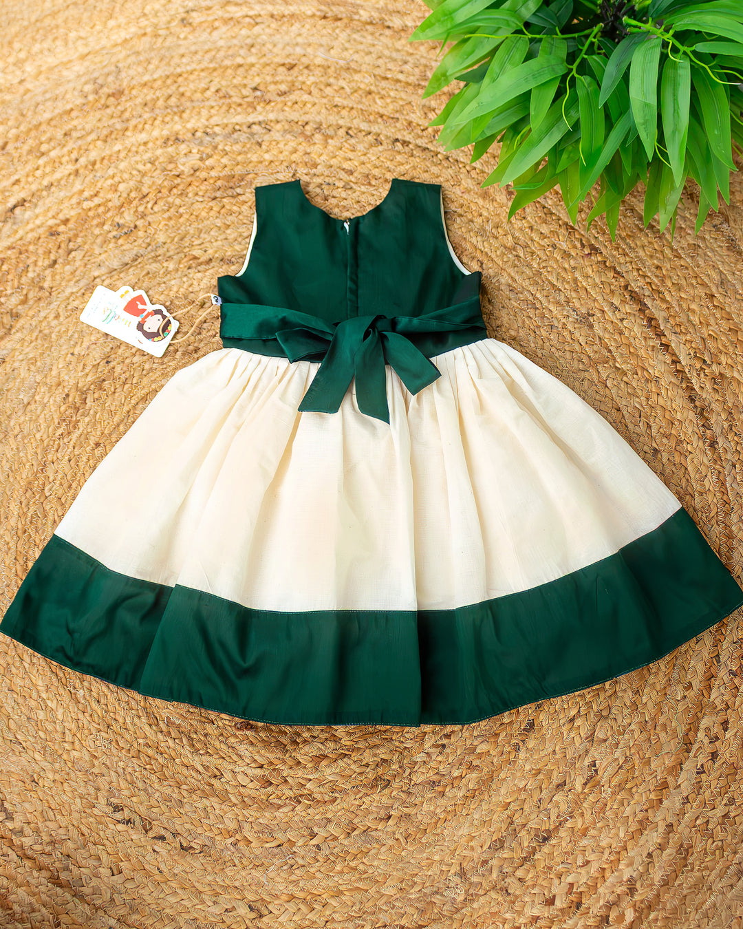 Cream green Kerala Onam traditional handloom frock full look for baby girl – Stanwells Kids