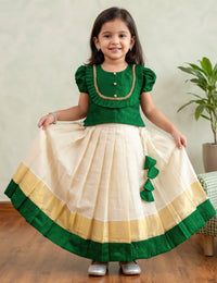 Cream Green Onam Special Kerala Kasavu Lehenga Choli for Baby Girl – Stanwells Kids