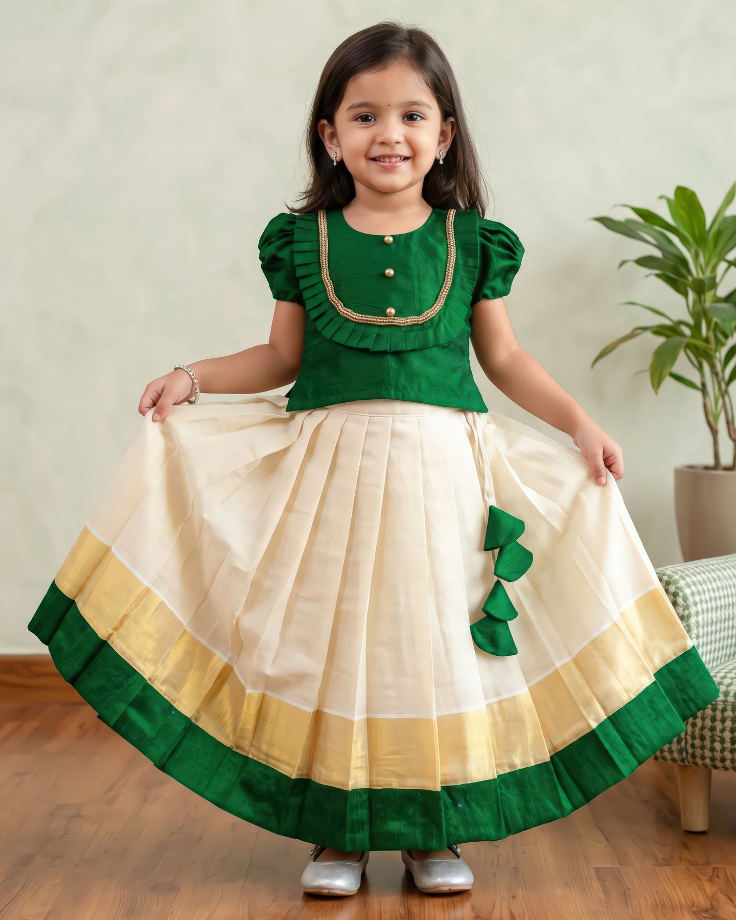 Green Cream Kerala Kasavu Lehenga Choli – Baby Girl Birthday Dress
