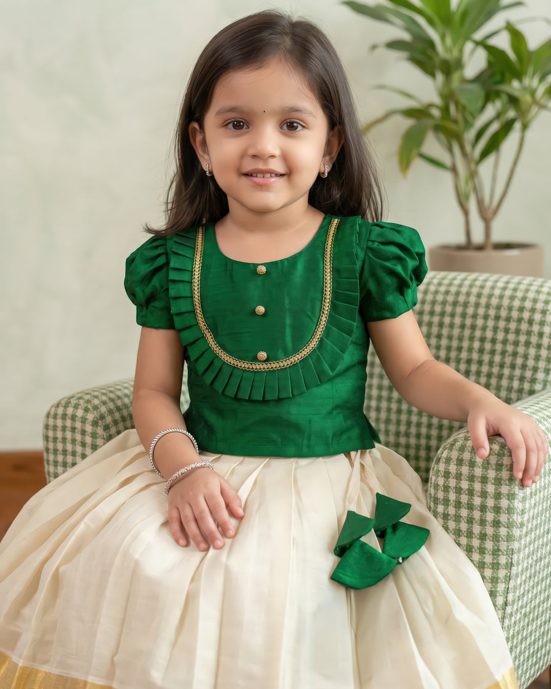 Green Cream Kerala Kasavu Lehenga Choli  Baby Girl Birthday Dress   Stanwells Kids