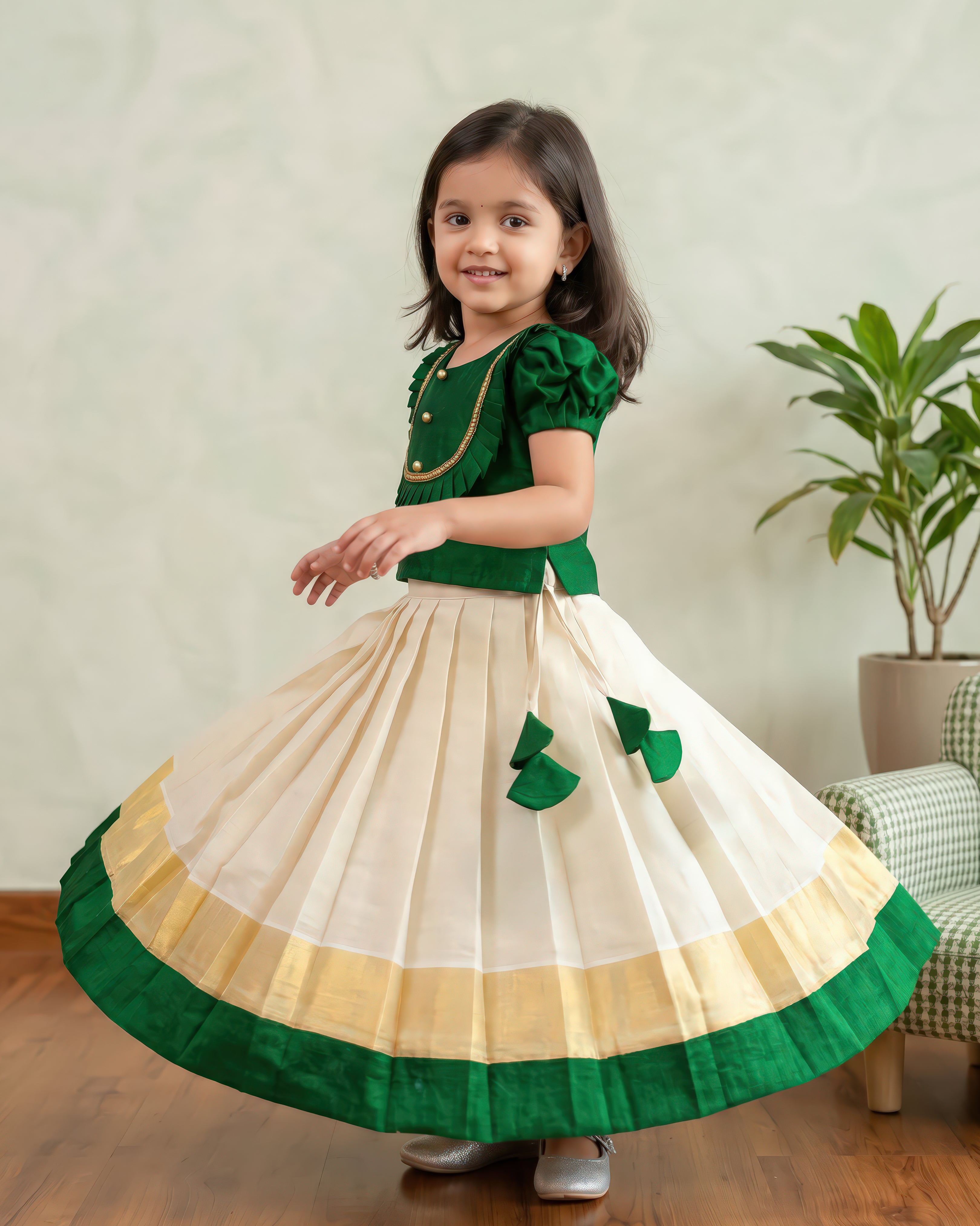 Green Cream Kerala Kasavu Lehenga Choli – Baby Girl Birthday Dress