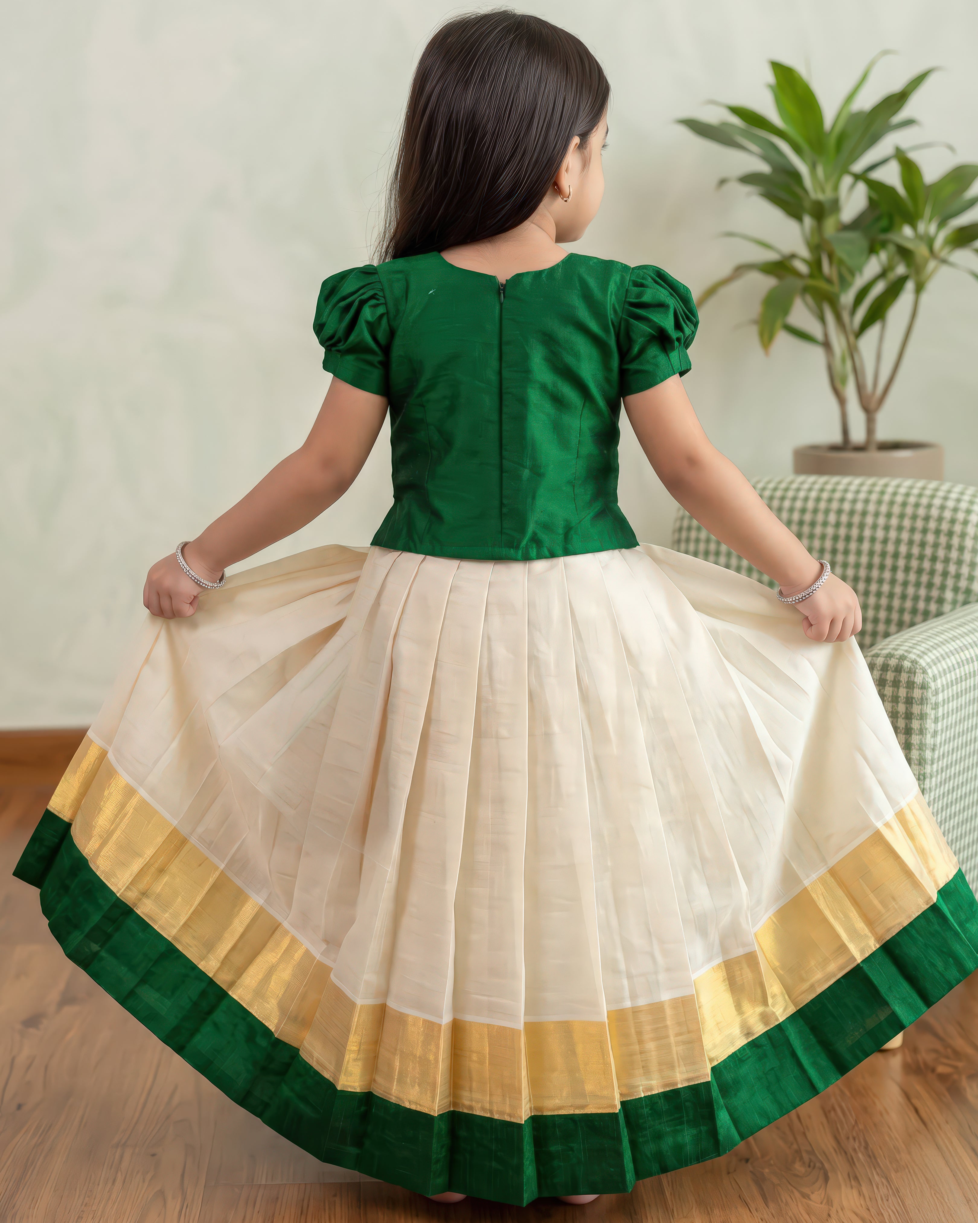 Green Cream Kerala Kasavu Lehenga Choli – Baby Girl Birthday Dress