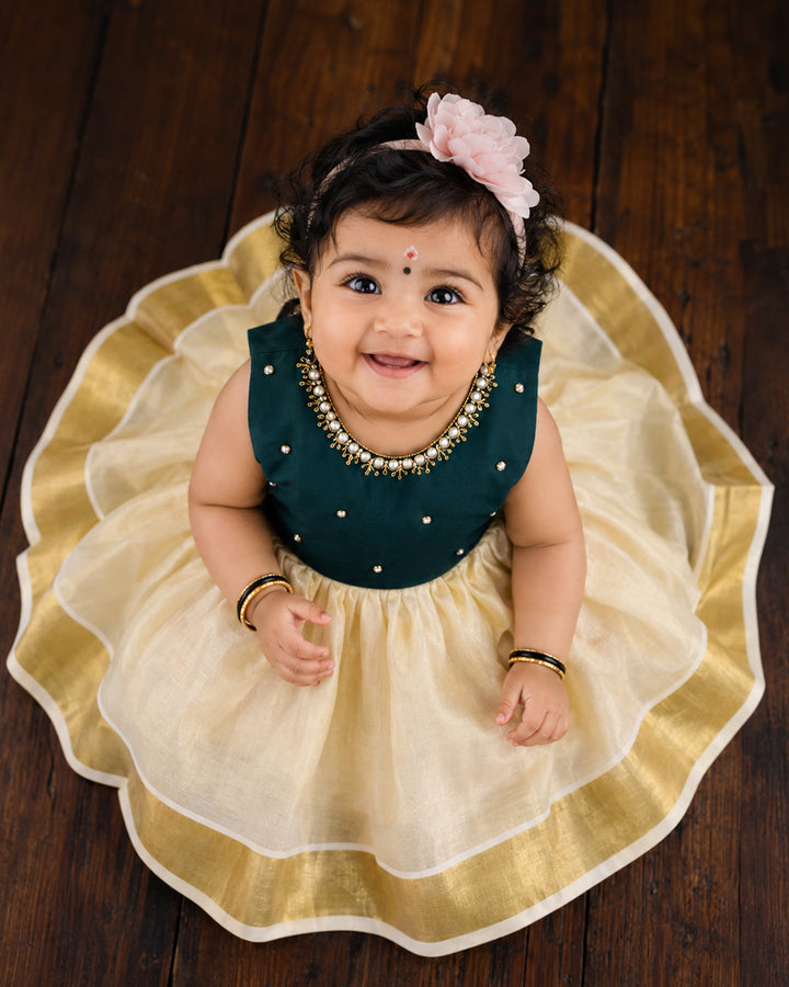 Golden Kasavu handwork detailing on cream green Onam traditional frock – Stanwells Kids