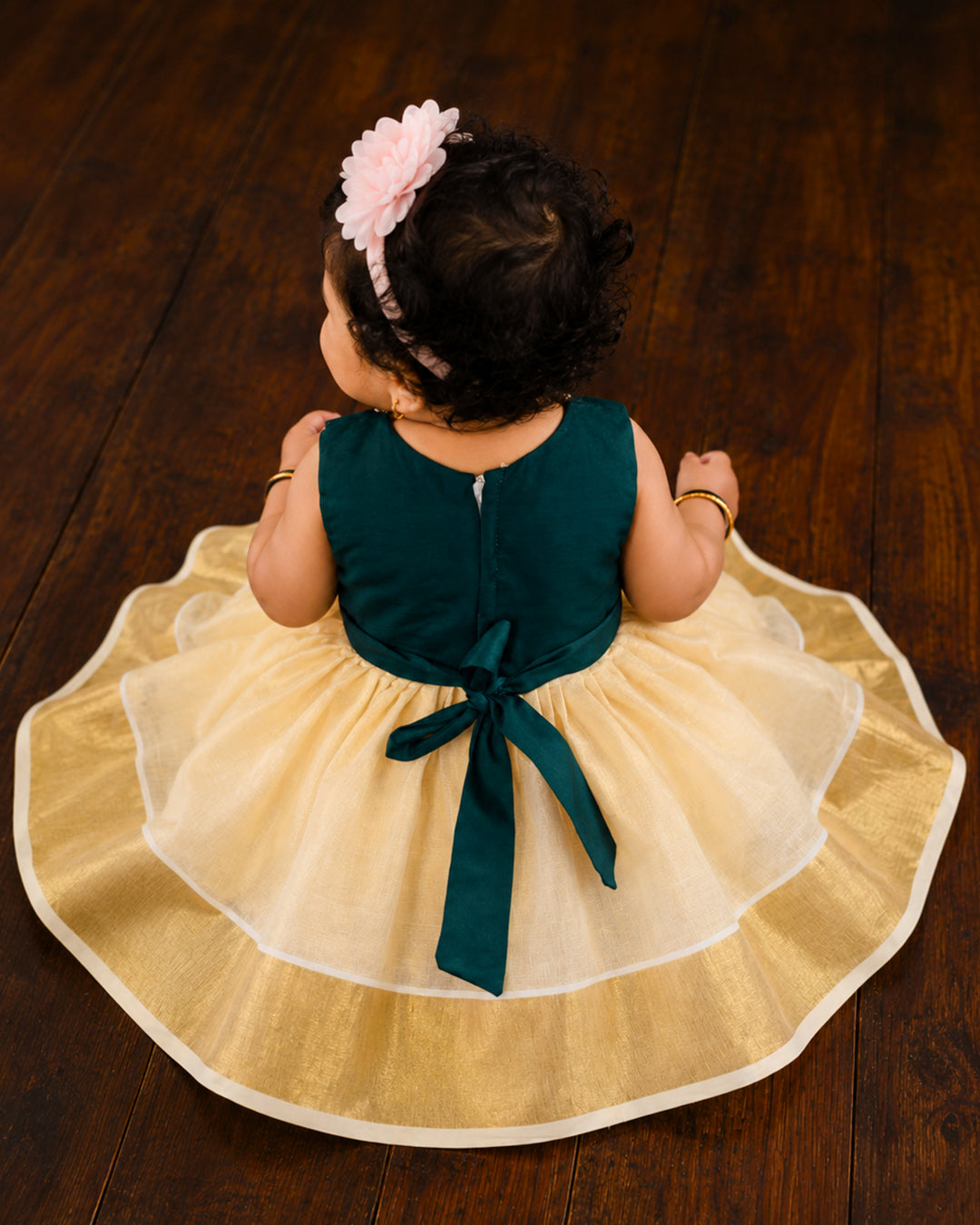 Cream green handwork Onam frock full look for baby girl – Stanwells Kids