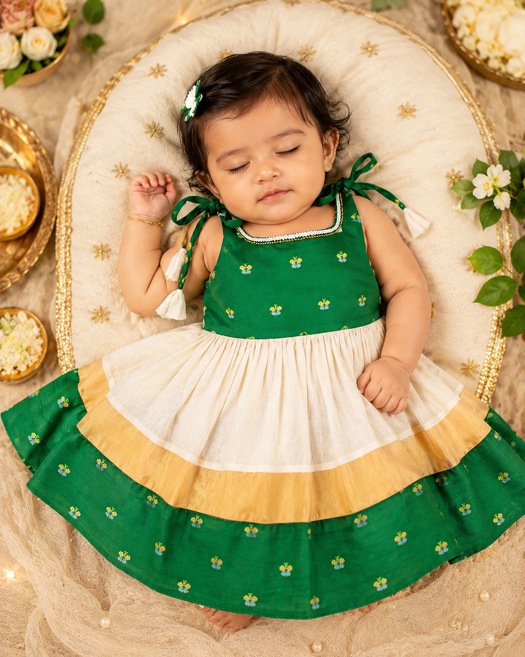 Cream green Kerala kasavu frock golden border detail – Stanwells Kids