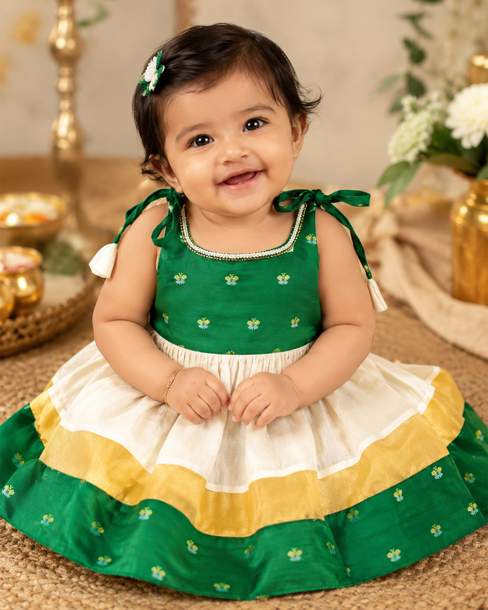 Cream green Kerala kasavu frock golden border detail – Stanwells Kids