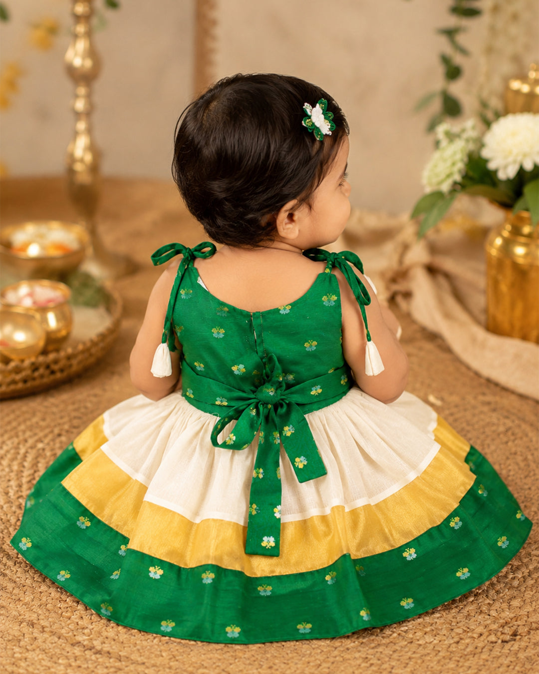 Cream green Kerala kasavu frock golden border detail – Stanwells Kids