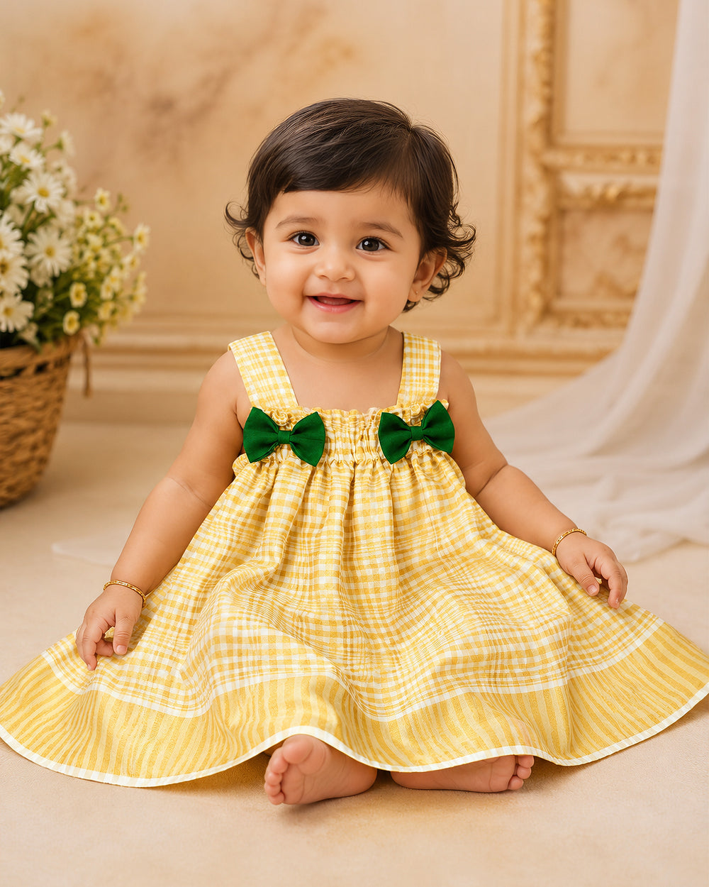 Stanwells Kids newborn frock for baby girl cream green matching headband dress