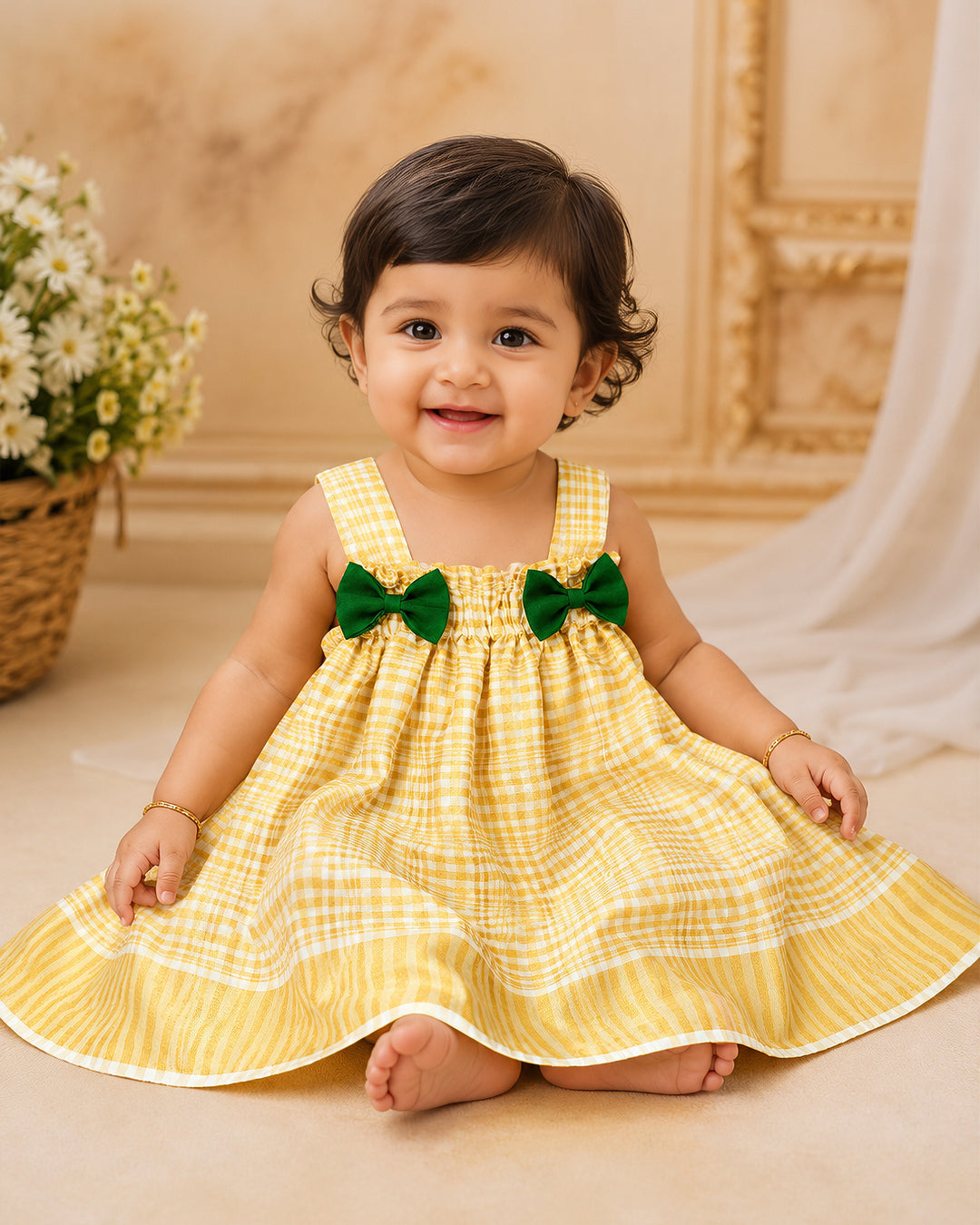 Stanwells Kids newborn frock for baby girl cream green matching headband dress