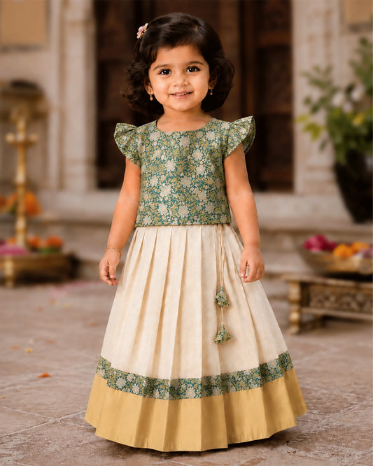 Cream and green tissue gold Banarasi festive brocade lehenga for baby girl – front view, Stanwells Kids