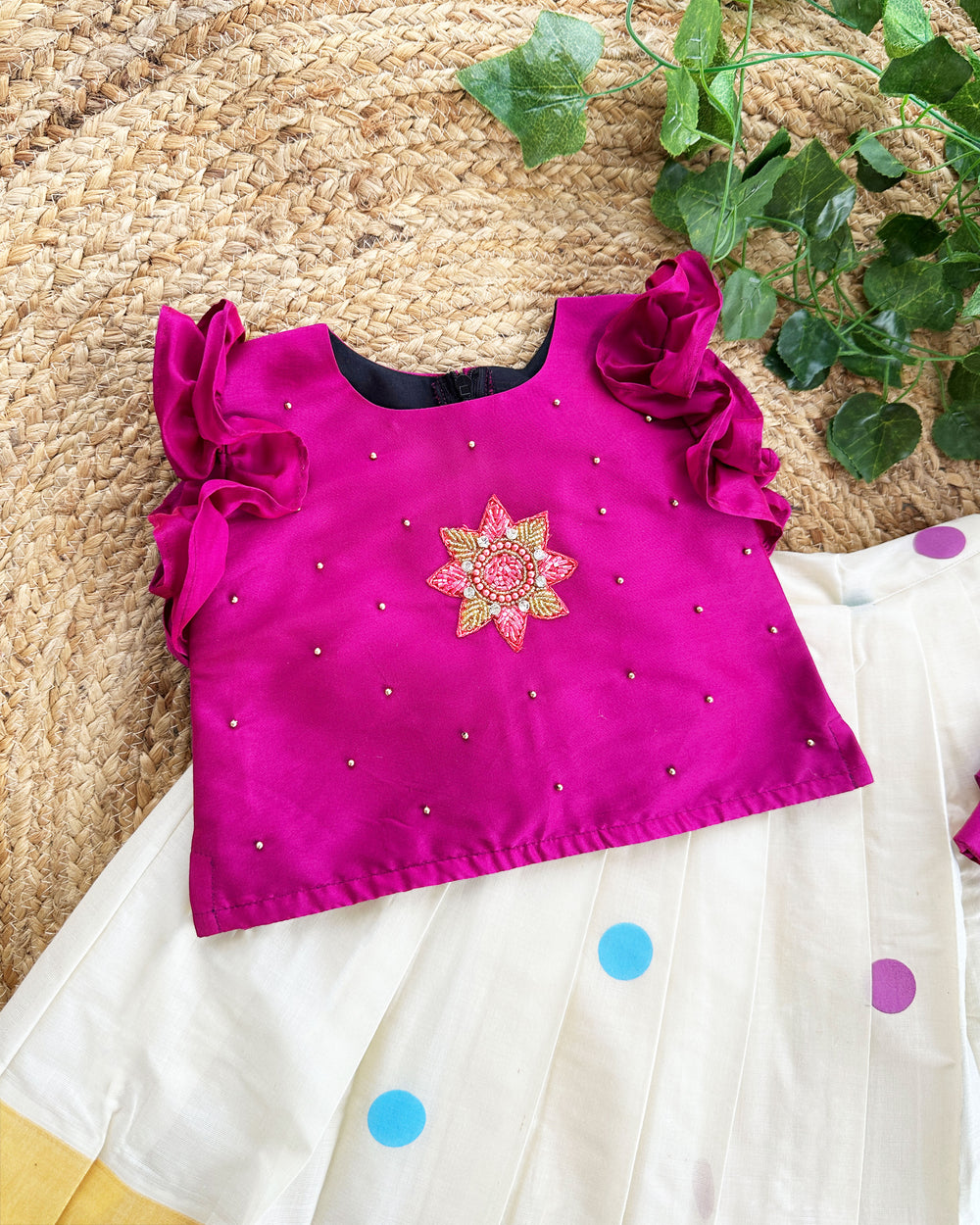 Cream magenta Kerala kasavu applique lehenga choli baby girl birthday dress Onam outfit traditional festive kids lehenga