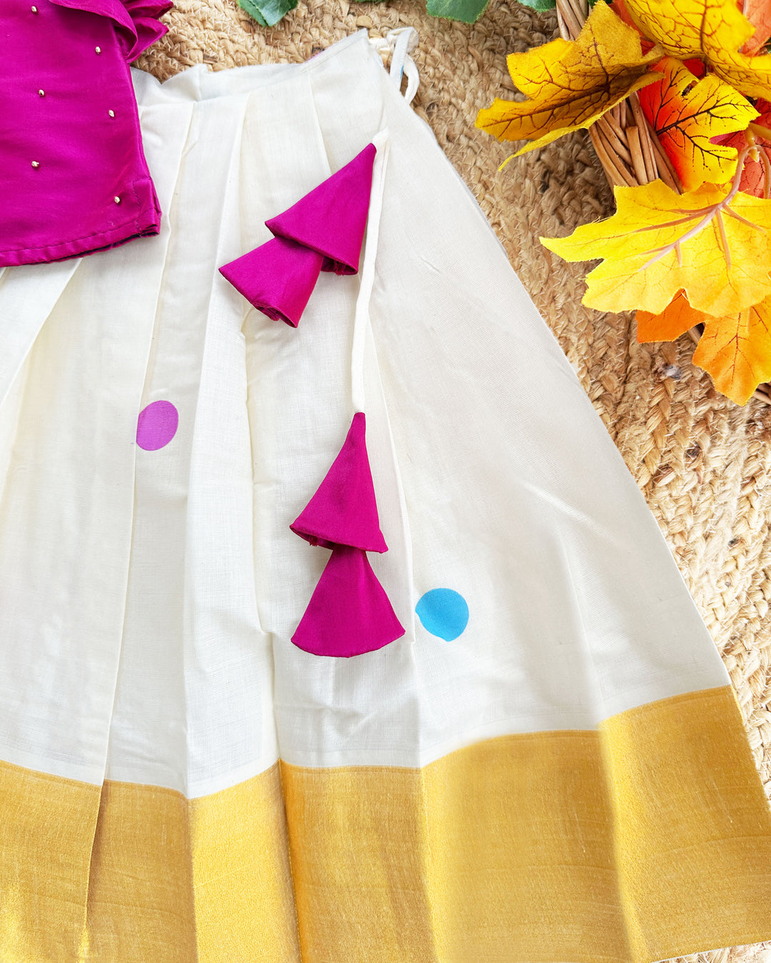 Cream magenta Kerala kasavu applique lehenga choli baby girl birthday dress Onam outfit traditional festive kids lehenga