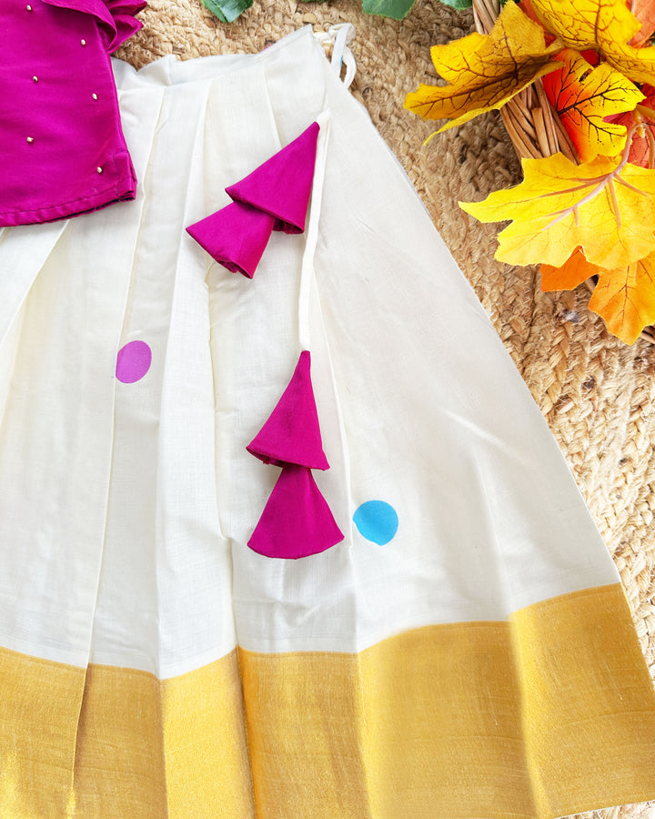 Cream magenta Kerala kasavu applique lehenga choli baby girl birthday dress Onam outfit traditional festive kids lehenga