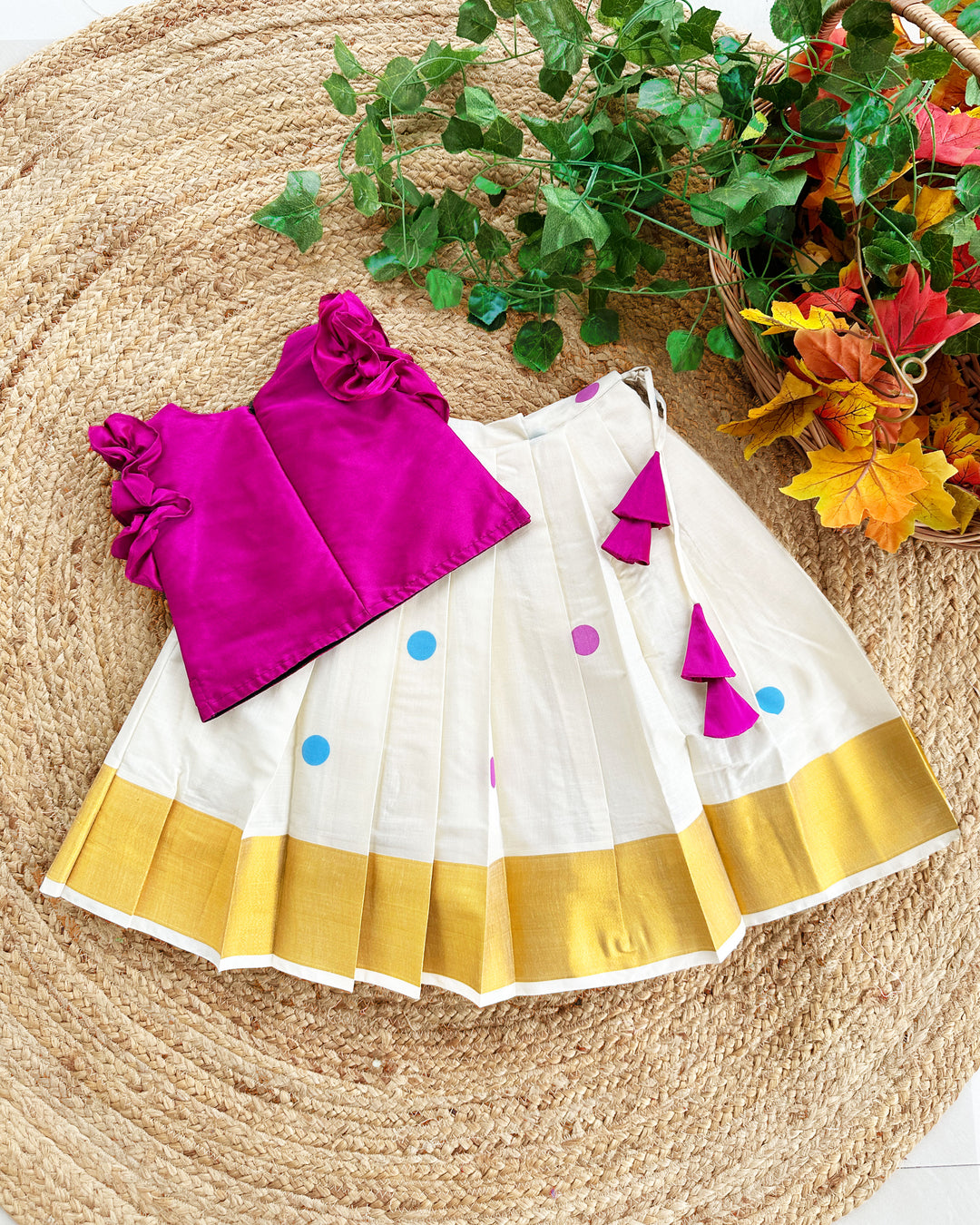 Cream magenta Kerala kasavu applique lehenga choli baby girl birthday dress Onam outfit traditional festive kids lehenga