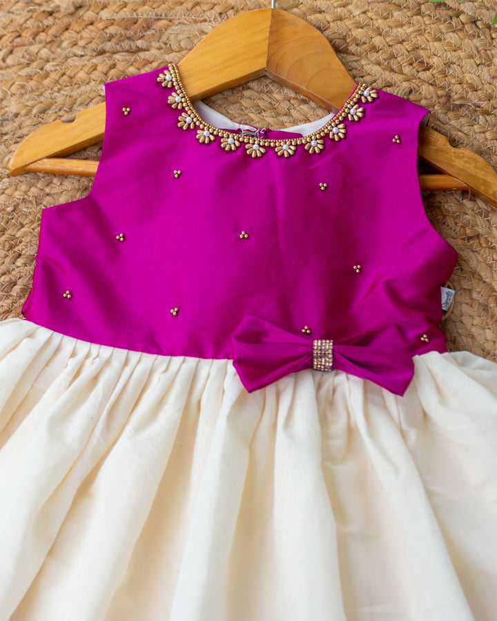 Magenta accents on cream Kerala handloom traditional Onam frock – Stanwells Kids
