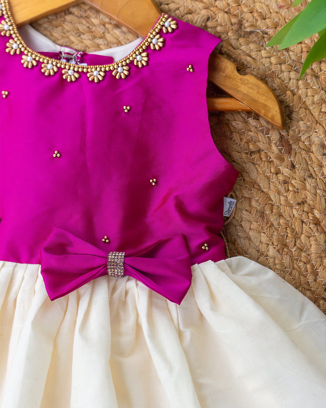 Classic Kerala traditional silhouette cream magenta Onam special frock – Stanwells Kids