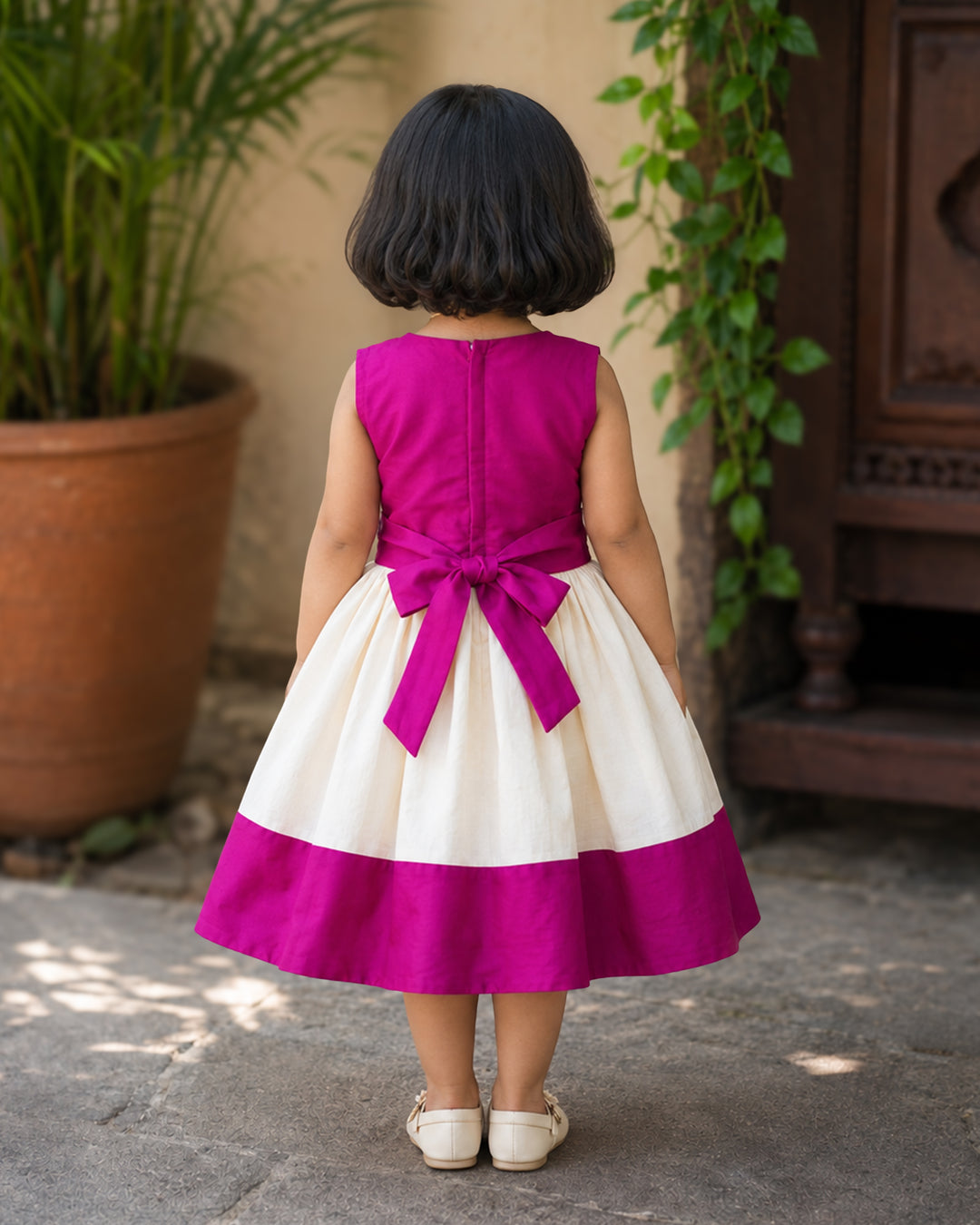 Cream and magenta Kerala handloom Onam special frock for baby girl – full look Stanwells Kids
