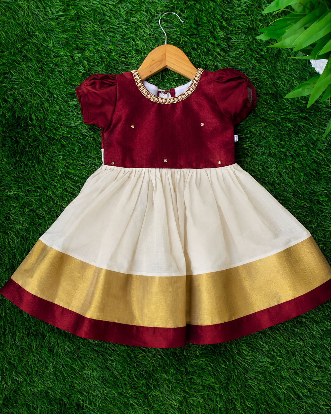 Cream &amp; Maroon Kerala handloom traditional handwork frock for baby girl front view, stanwells kids

