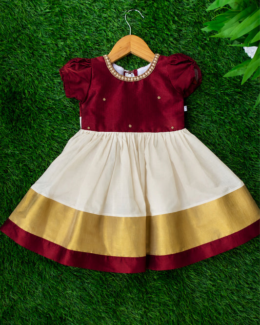Cream & Maroon Kerala handloom traditional handwork frock for baby girl front view, stanwells kids
