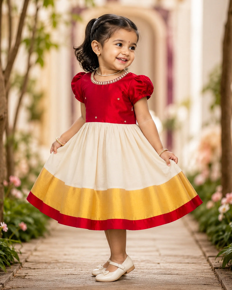 Cream & Maroon Kerala Handloom Traditional Handwork Frock for Baby Girl – Stanwells Kids