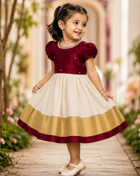 Cream & Maroon Kerala handloom traditional handwork frock for baby girl front view, stanwells kids