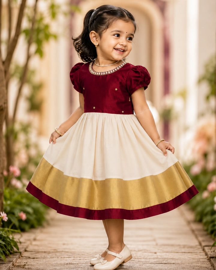 Cream &amp; Maroon Kerala handloom traditional handwork frock for baby girl front view, stanwells kids
