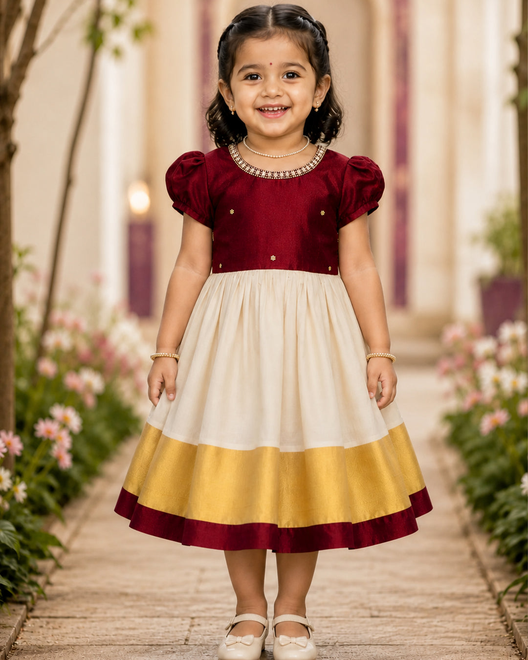 Cream &amp; Maroon Kerala handloom traditional handwork frock for baby girl front view, stanwells kids
