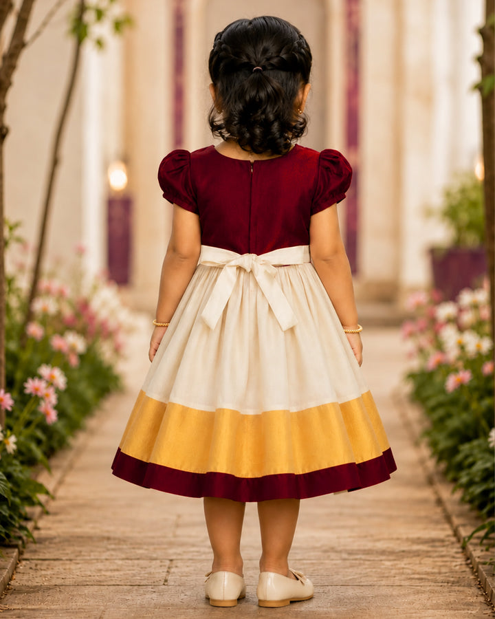 Back view of cream maroon Kerala handloom frock with zipper for baby girls, stanwells kids