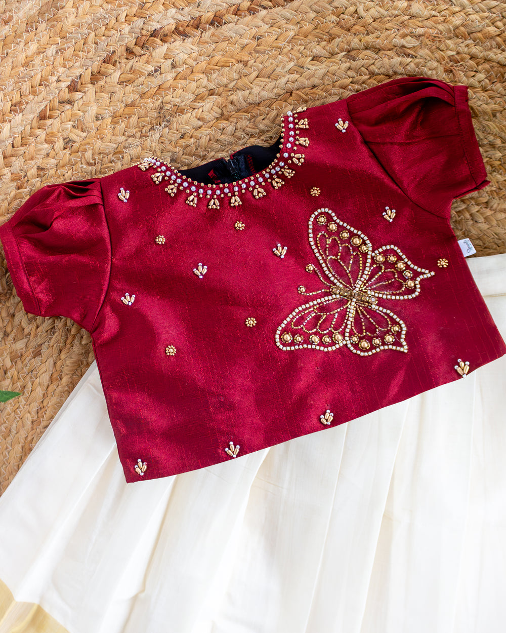 Golden bead butterfly handwork on maroon halter neck blouse, Stanwells Kids