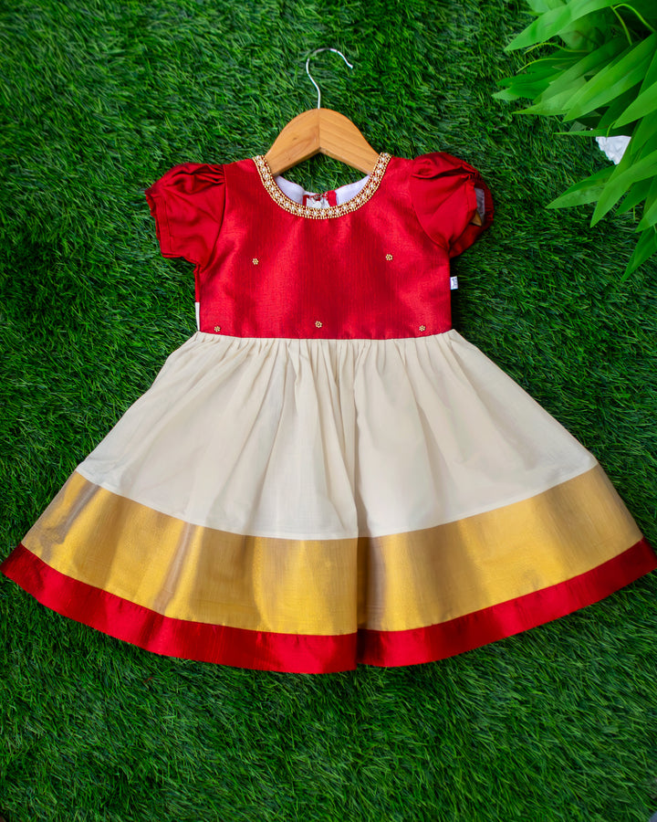Cream and maroon Kerala handloom traditional handwork frock for baby girl – front view, Stanwells Kids