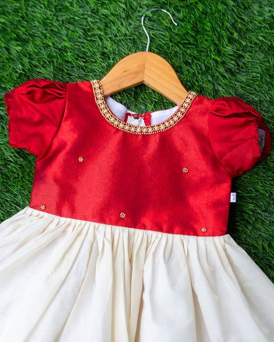 Golden bead neck detail on cream maroon Kerala handloom traditional frock – Stanwells Kids