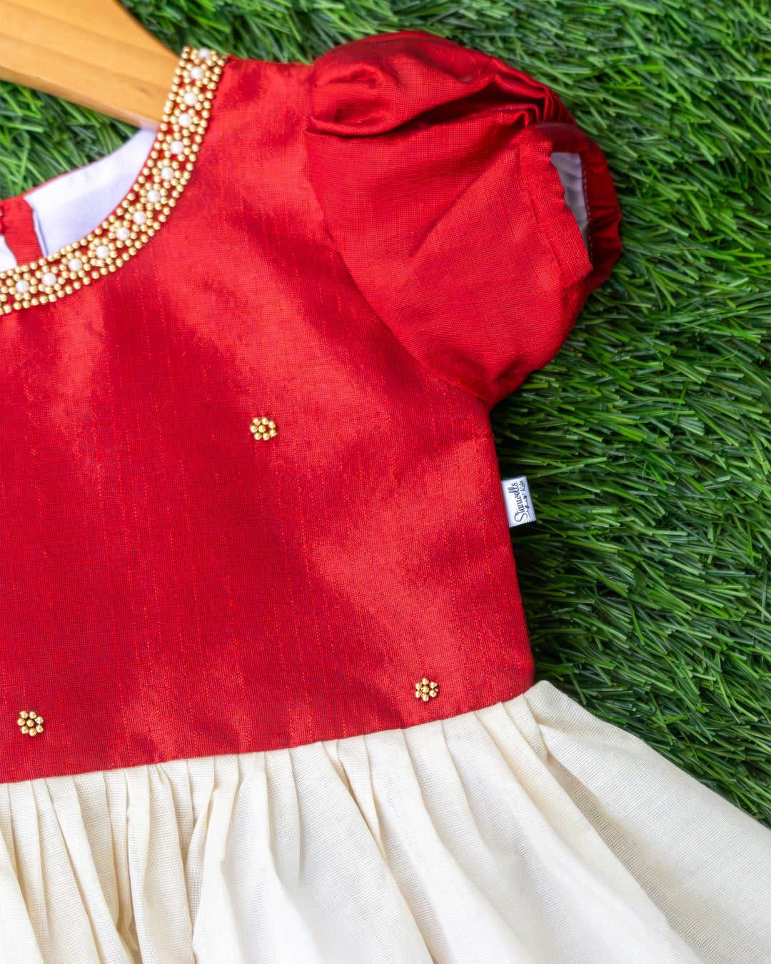 Red golden floral centre on cream maroon Kerala handwork Onam frock – Stanwells Kids