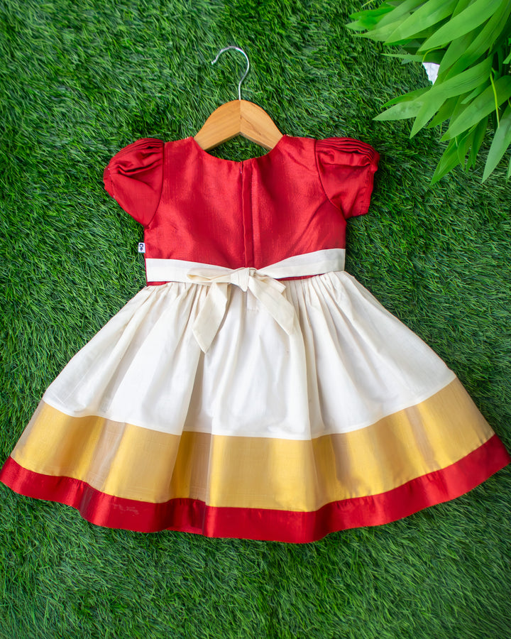 Cream maroon Kerala handloom traditional handwork frock full look – Stanwells Kids